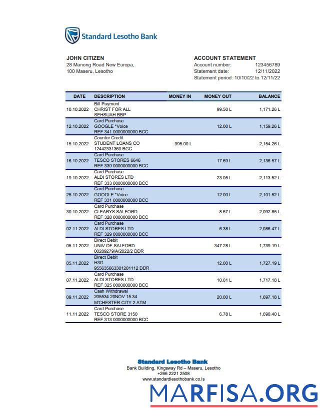 Realistic Lesotho Standard Lesotho bank statement excel example